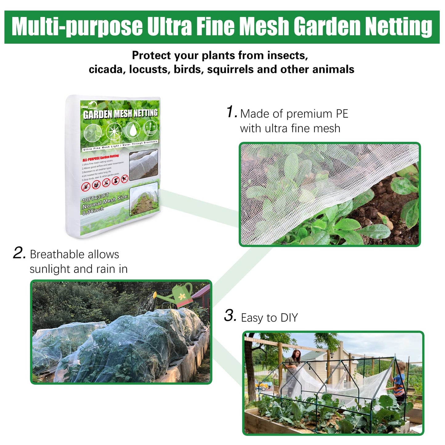 SnugNiture Garden Netting 10x33FT Ultra Fine Mesh Mosquito Netting Plant Covers, White Bird Netting Barrier Greenhouse Row Cover Protect Fruits Flower Vegetables from Birds Deer & Squirrels