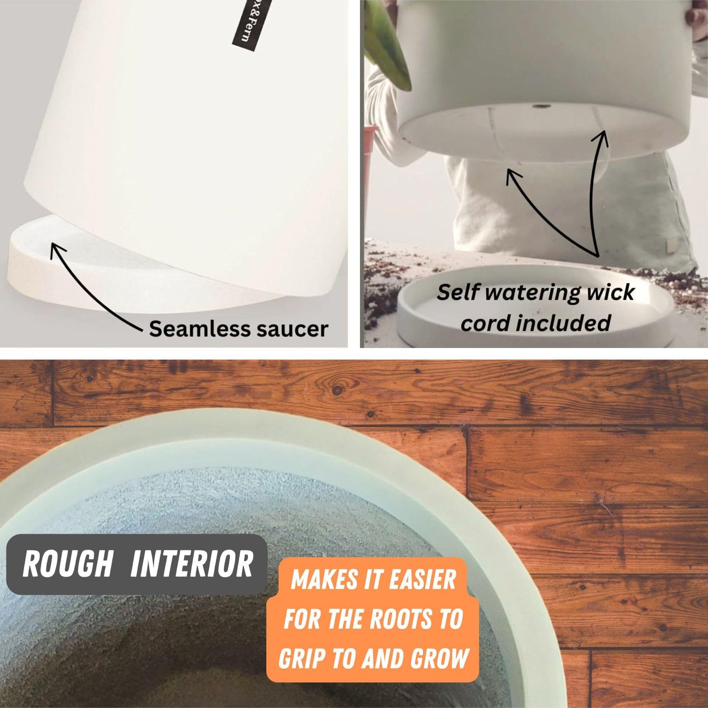 Fox & Fern 10 Inch Plant Pot with Hidden Saucer — Premium Lightweight Fiberstone Matte White Self Watering Planter with Seamless Saucer - Indoor & Outdoor Use - Weather Resistant & UV Resistant