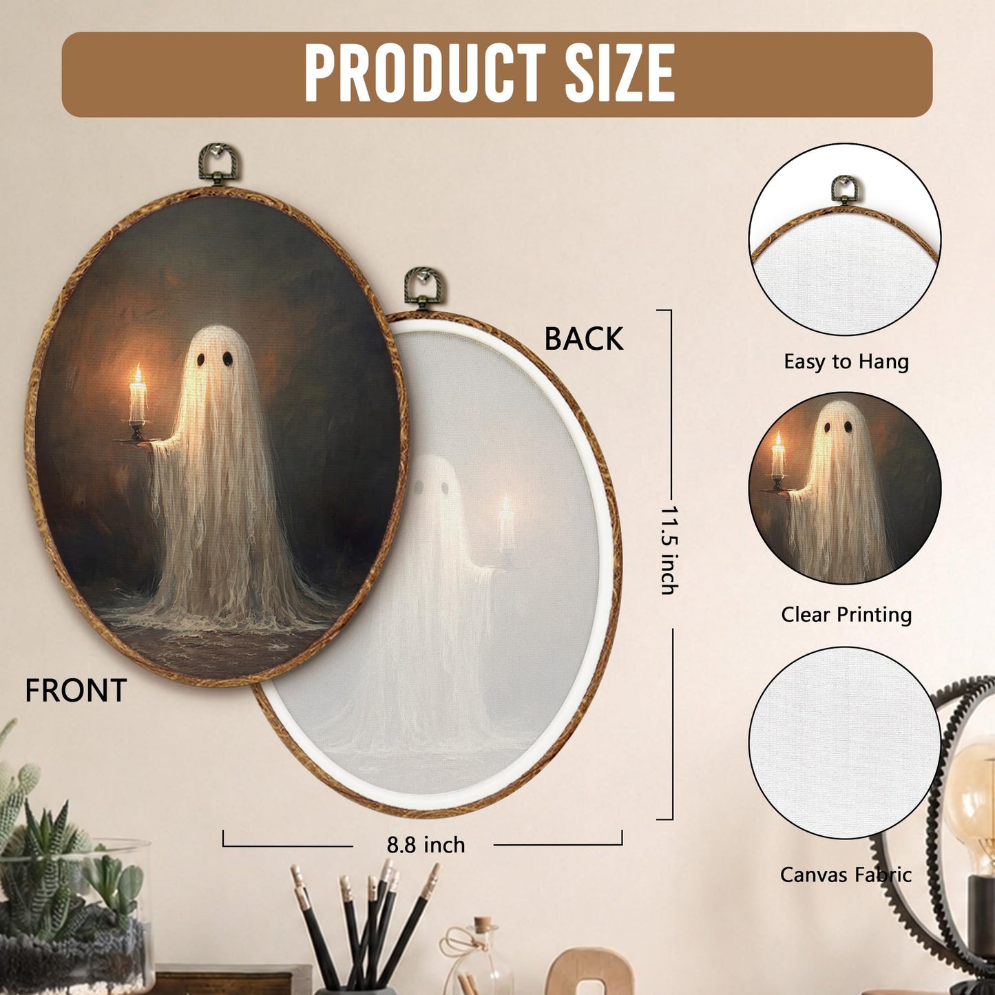 Tzhim Cute Ghost Holding Candle Canvas Wall Art, Spooky Halloween Ghost Oval Wall Art Decor, Dark Academia Room Decor, Gothic Victorian Framed Hanging Decorations for Home Bedroom, 8.5x11.5in