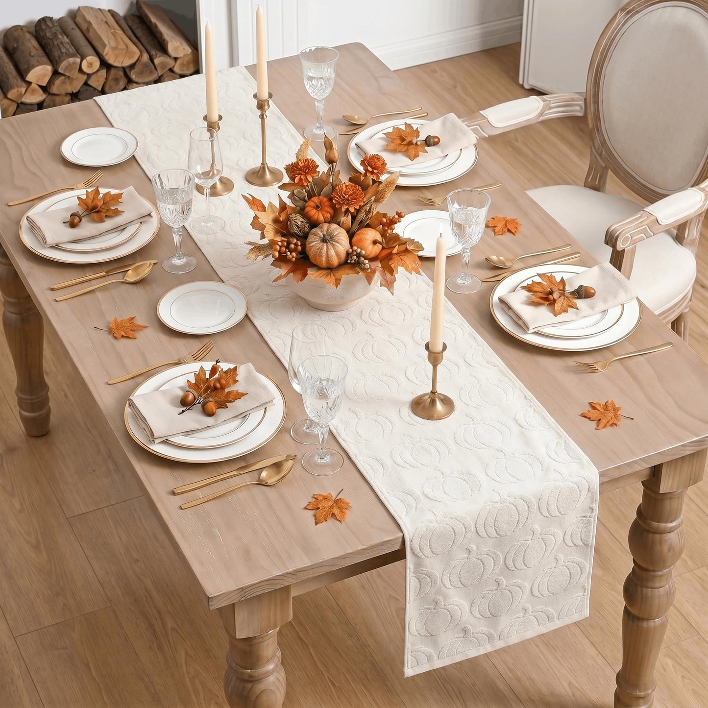 Artoid Mode Beige Soft 3D Jacquard Pumpkin 100% Cotton Fall Table Runner, Autumn Thanksgiving Holiday Kitchen Dining Table Decoration for Home Party Decor 13x72 Inch