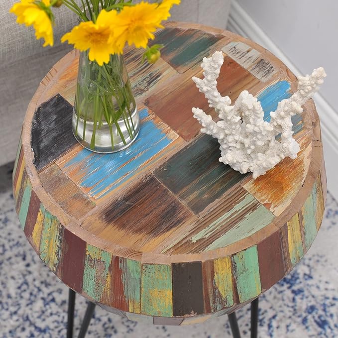 Drum Round Wood Side Table 16" x 16" x 21" H Reclaimed Rustic Multicolor Patio