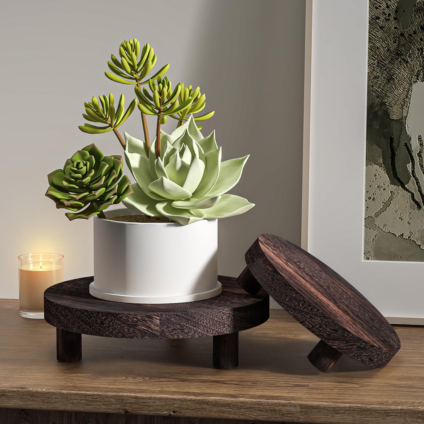 HAWHUV 3 Pcs Wood Plant Stand Indoor Outdoor, Round Wood Riser for Decor 6/8/10" Wooden Stool Display Stand Flower Pot Holder Small Planter Tray Modern Potter Decorative for Desktop Counter Room