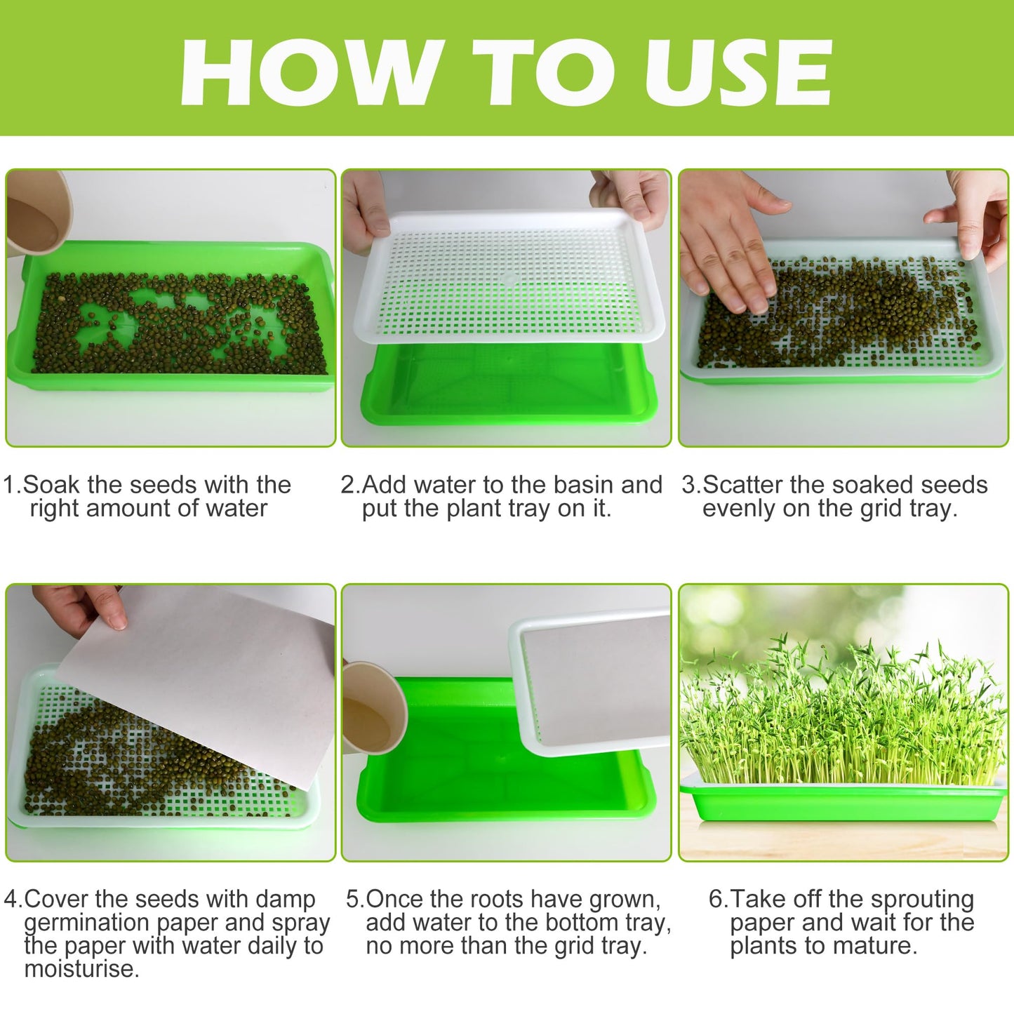 EBaokuup 10 Pack Seed Sprouter Tray with Drain Holes - BPA Free Seed Garden Plant Germination Propagation Trays, Soil-Free Wheatgrass Tray Sprouter Microgreens Growing Kit with Germinating Paper