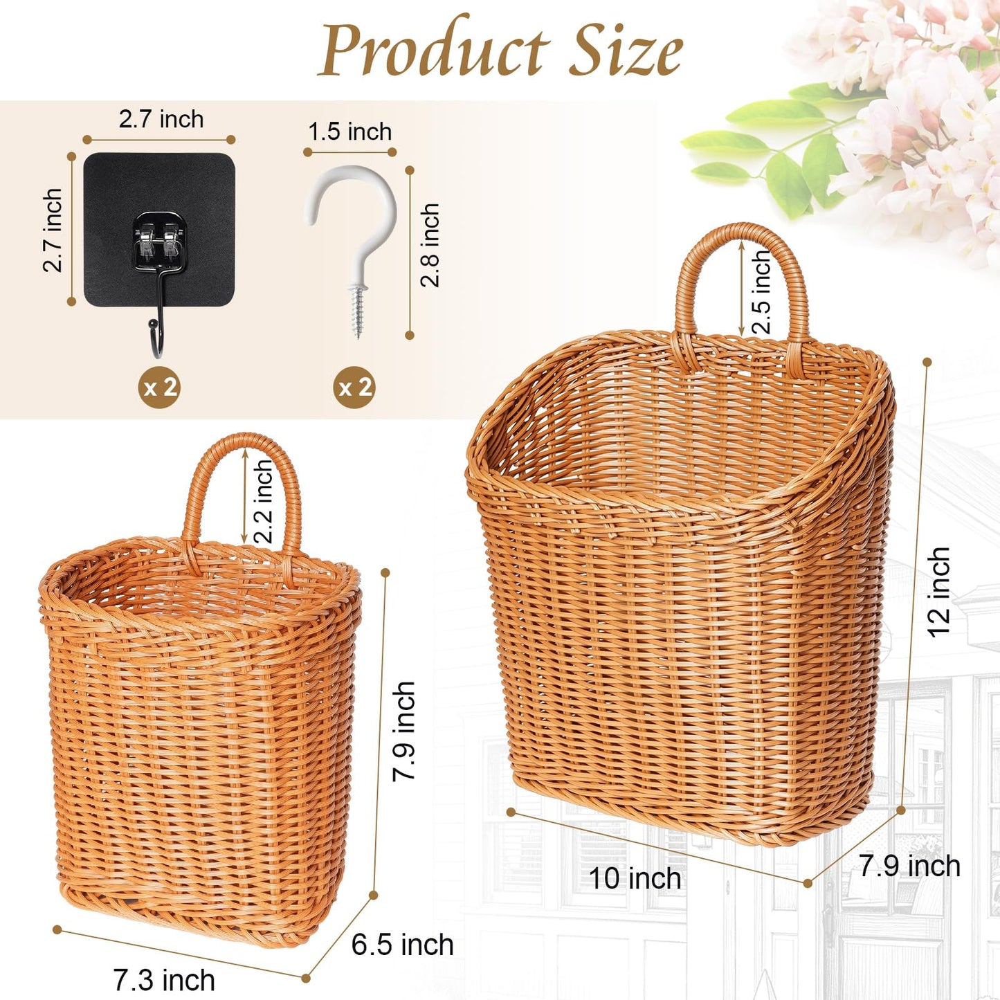 MIPON 2 Pack Handmade Woven Hanging Wicker Basket, Waterproof Plastic Rattan Wall Mounted Organizer, Small & Large Storage Baskets for Bathroom, Kitchen,Entryway,Farmhouse Decor,Flower,Mail, Plant