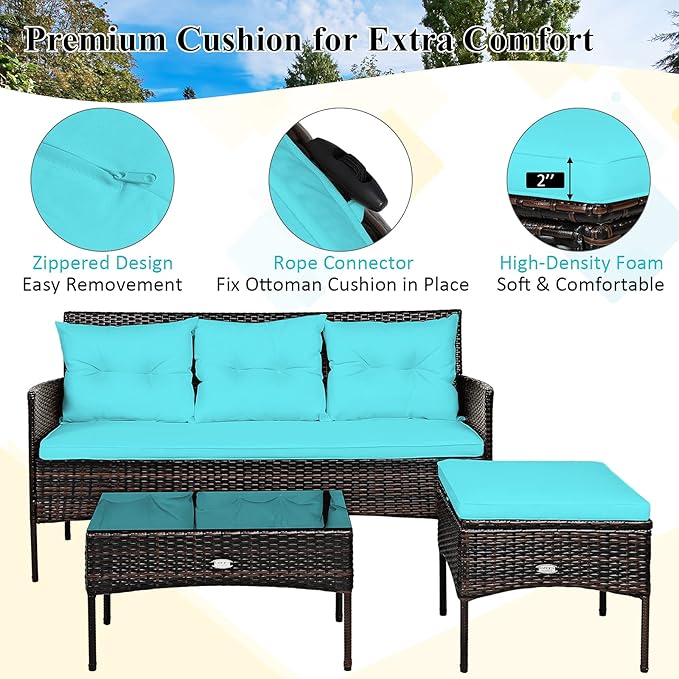 Tangkula 3 Pieces Patio Conversation Set, Outdoor PE Rattan Wicker Furniture