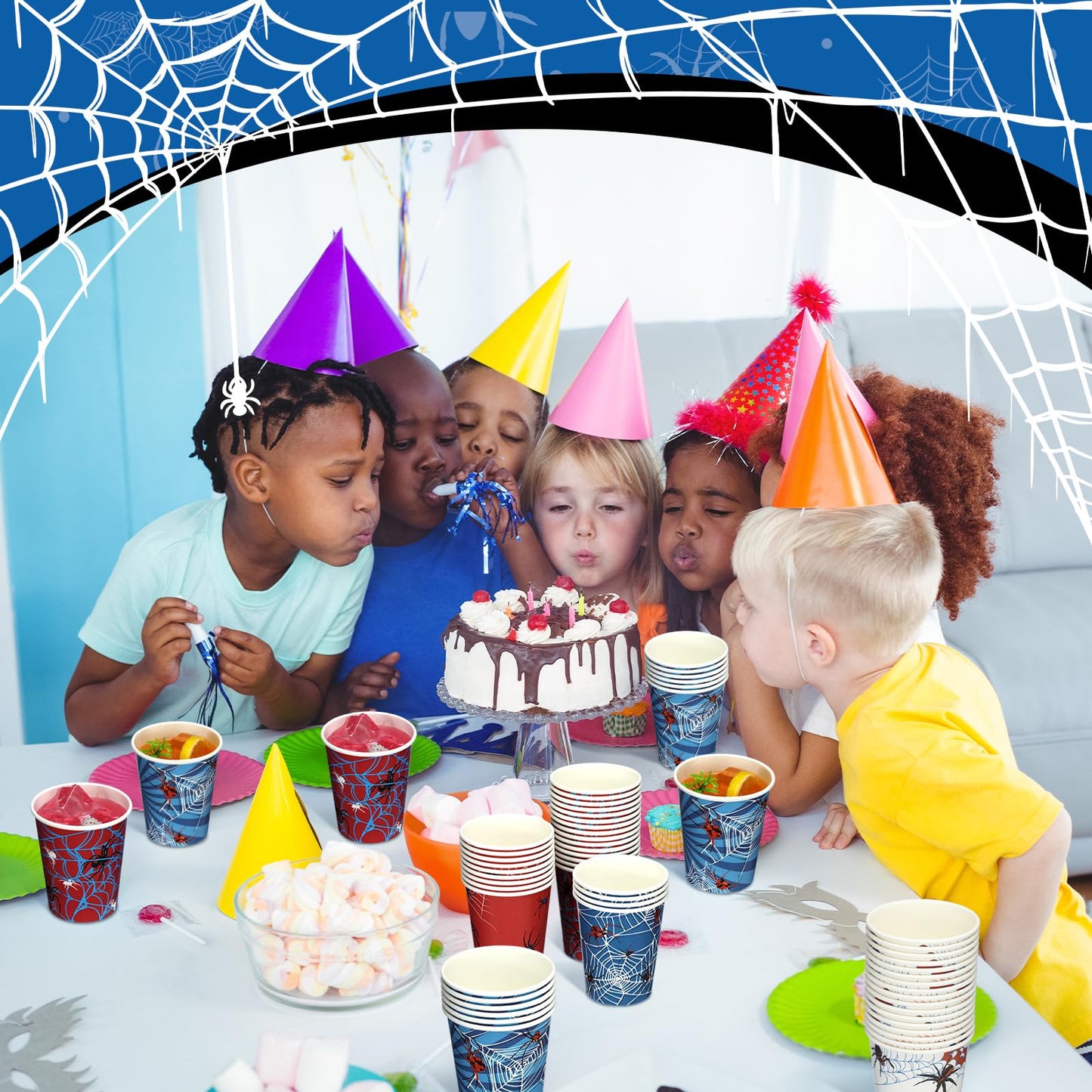 Teenyyou 100 Pcs 9 oz Spider Disposable Paper Cups Spider Party Decorations Red Blue Black Paper Drinking Cups for Hot Cold Wine Coffee Tea Beverage Holiday Birthday Wedding Home Party Supplies