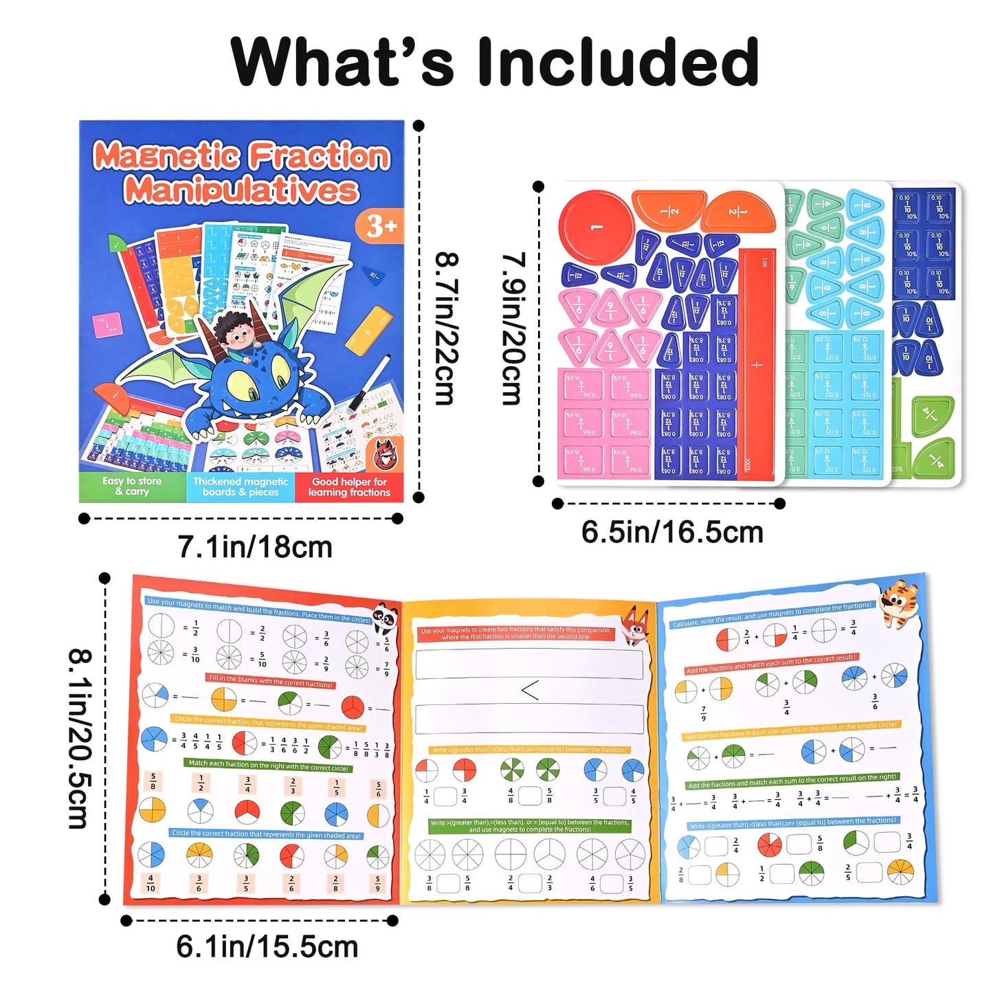 Magnetic Fraction Demonstration Book with Magnetic Fraction Tiles & Circles, Hands-On Fraction Manipulatives for Kids, Visual Math Learning Set for Classroom, Homeschool & Early Math Practice