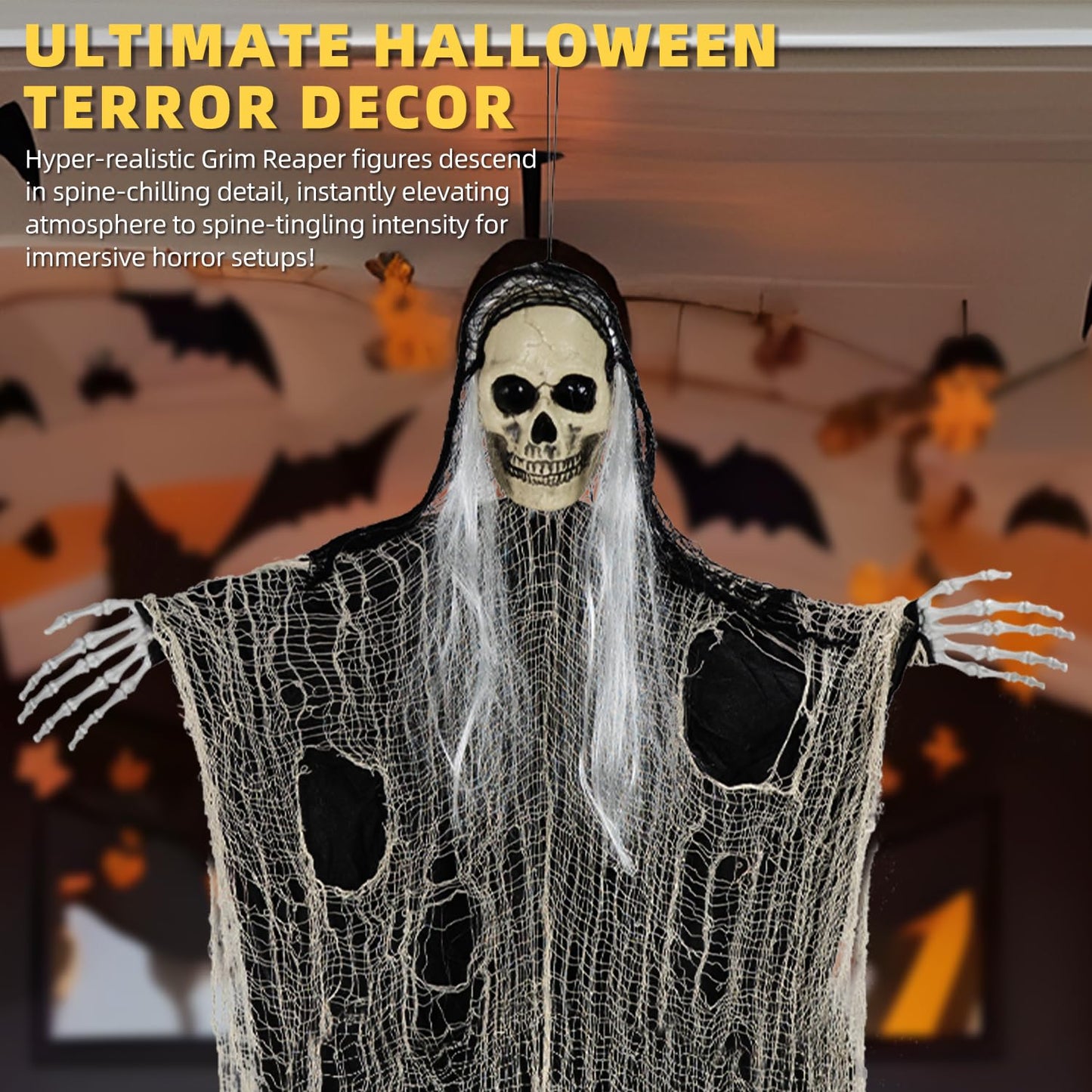 QPMR Halloween Decorations Outdoor/Indoor,Set of 3 Scary Hanging Ghosts,Halloween Grim Reaper Skeleton, Scary Party Decorations,Haunted House Decor for Yard/Lawn/Garden.
