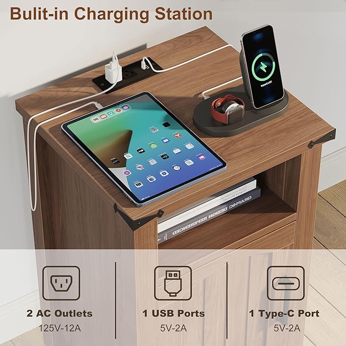 Farmhouse Nightstand with Charging Station, End Table with USB/Type-C Ports and