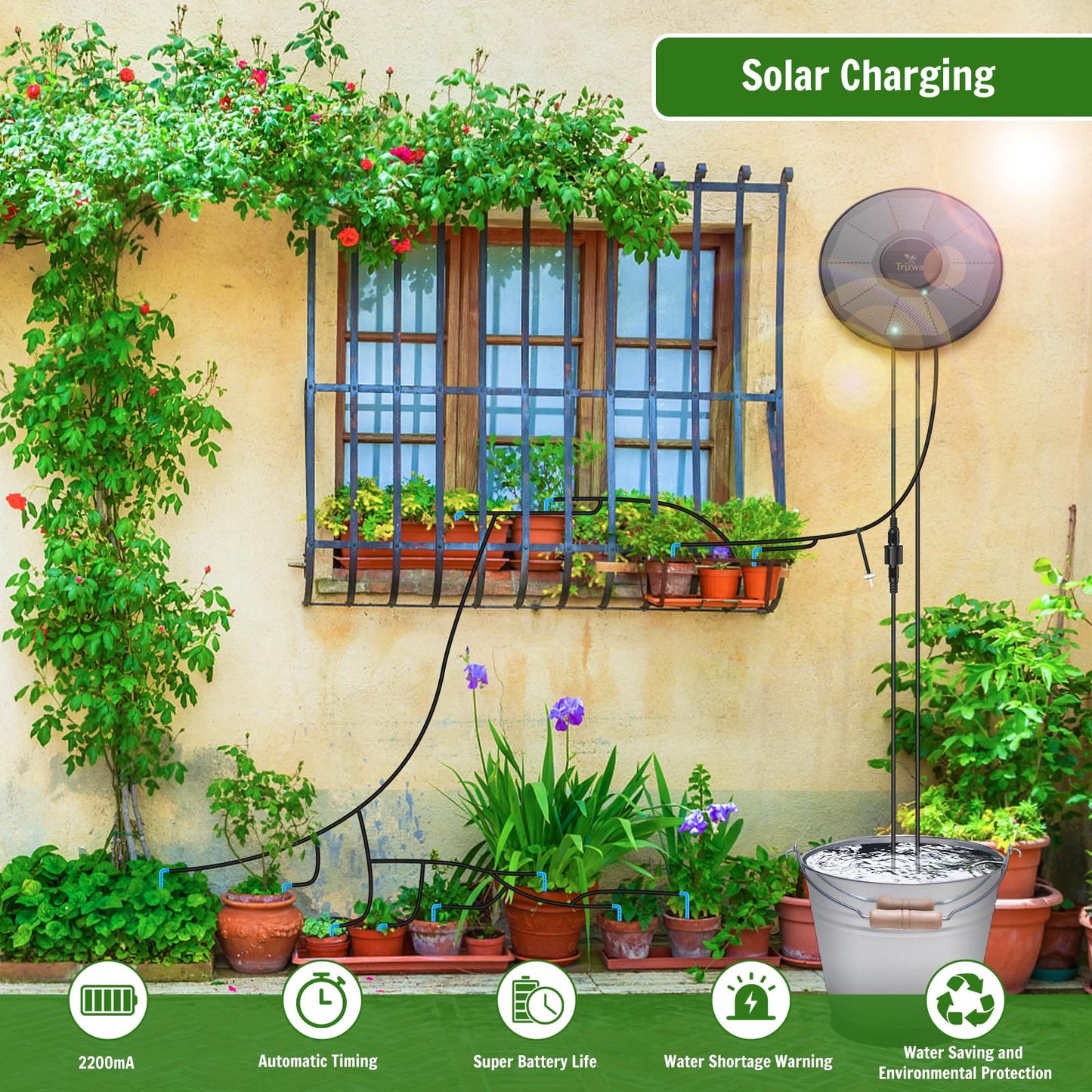 TRJZWA Solar Irrigation System Automatic Drip Irrigation Kit for Outdoor/Indoor Garden Watering System with Water Level Detection,Drip Irrigation System for 15 Potted Plant with 15m Water Hose