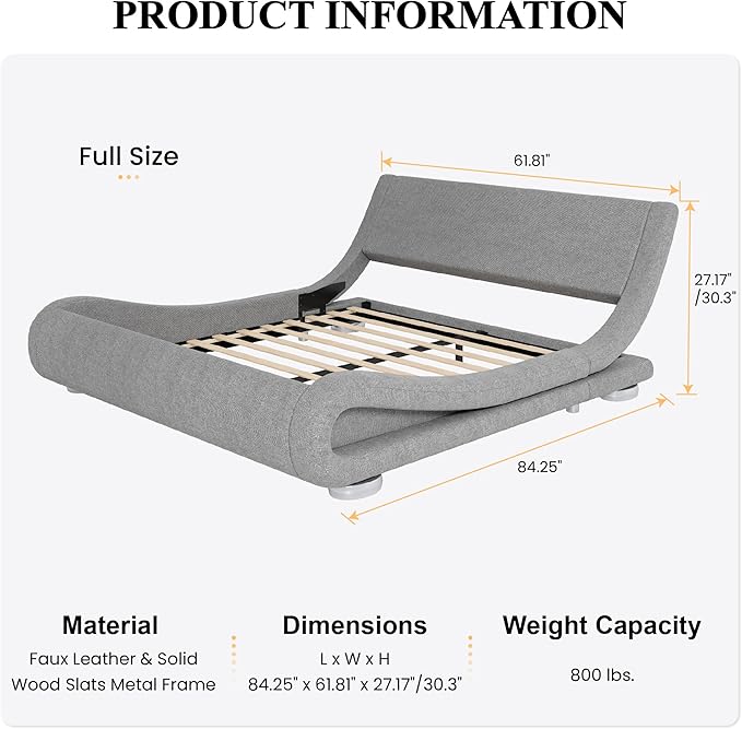 SHA CERLIN Full Size Upholstered Bed Frame, Deluxe Low Profile Sleigh Bed