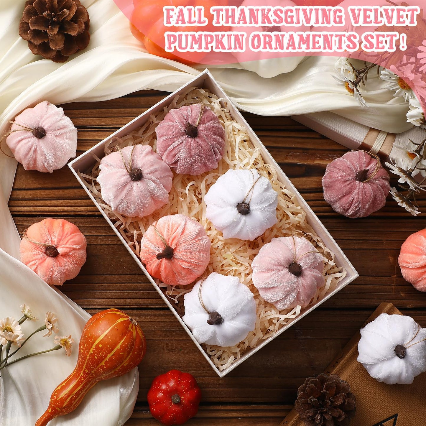 Vercraft 12 Pcs Thanksgiving Pumpkin Hanging Ornament 2 Inches Velvet Thanksgiving Fall Tree Decorations Fabric Small Tree Decorations for Farmhouse Harvest Autumn Home Party Decor(Pink and White)