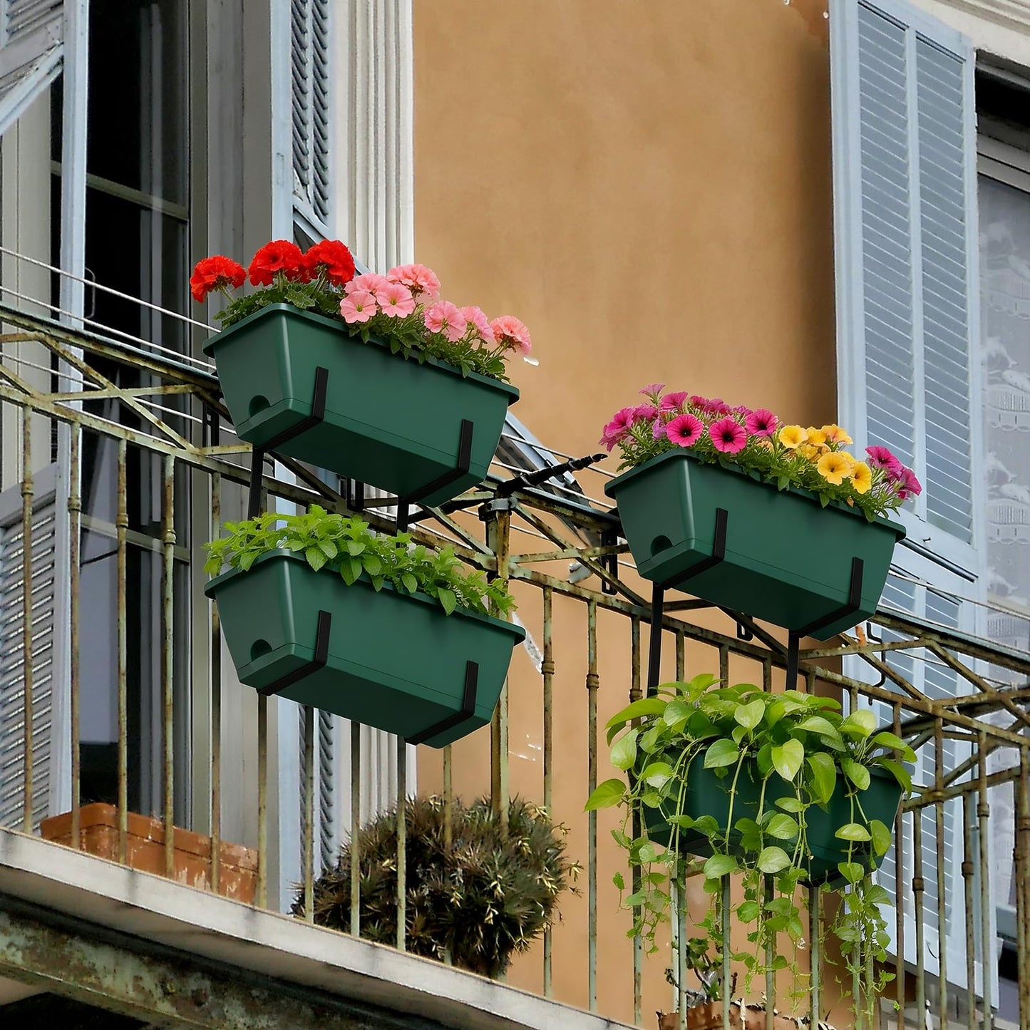 Rectangle Planters Box, 4 Pack Deck Hanging Planters for Railings, Window Box Planter with Drainage Holes & Trays, 16.9 Inch Balcony Planters Railing Hanging with Metal Brackets, Black Green (Green)