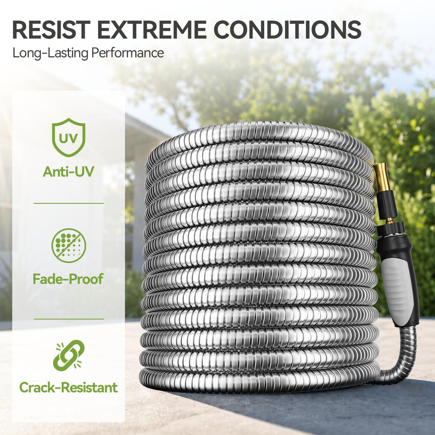 SPECILITE Expandable Garden Hose 100 FT, 304 Stainless Steel Heavy Duty Metal Water Pipe with Adjustable Nozzle - Flexible, Kink Free, Leak-Proof, Lightweight, for Outdoor, Yard, Lawn, Car Washing