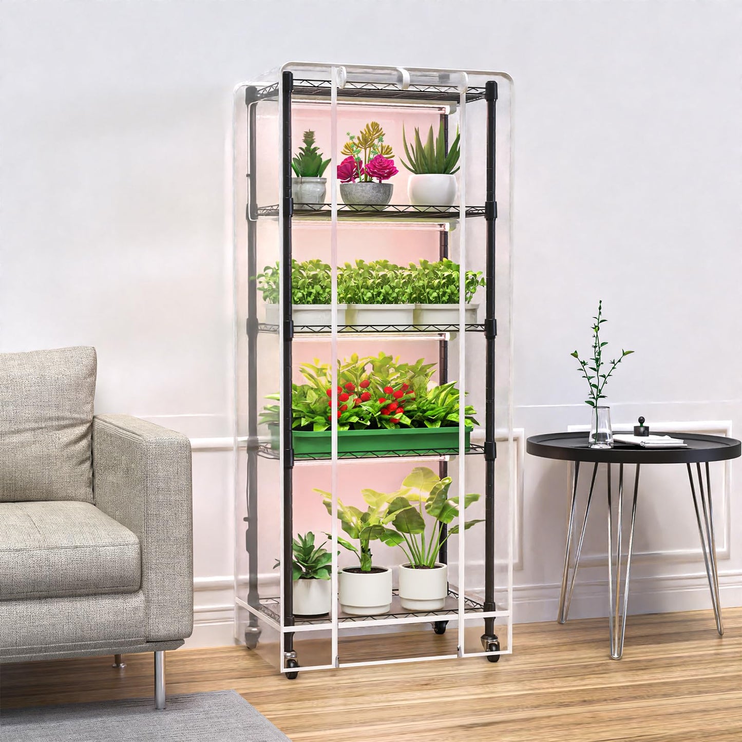 sagrynfp Indoor Greenhouse with Grow Lights, 5 Tier 23.2" L×13.4" W×61.4" H Mini Greenhouse, Grow Light Shelf with Tent and Thermometer, with 72W Full Spectrum Growing Lamps for Seed Starting