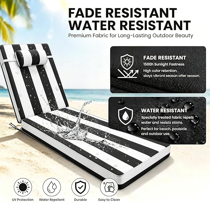 Chaise Lounge Cushion for Outdoor Furniture, Waterproof, Fade-Resistant and