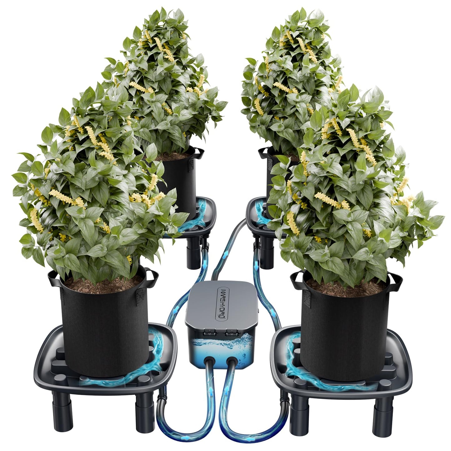 MARS HYDRO Auto Drainage System with Water Pump, 4 Elevated Runoff Trays & 4-Pack 5 Gallon Grow Bags, Plant Drainage Saucers for Indoor Plants Grow Tents