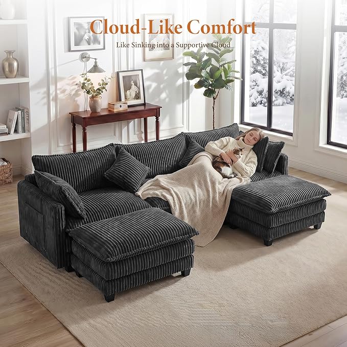 Vesgantti 109" U Shaped Cloud Sectional Sofa, Comfy Corduroy Upholstered