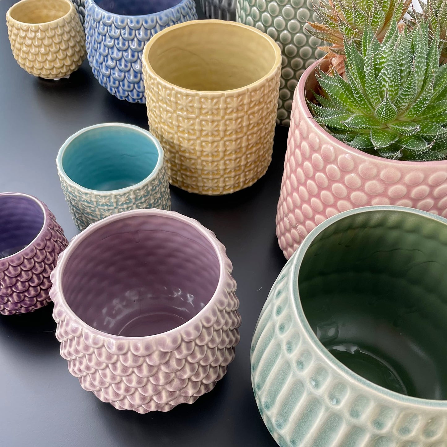 Nordring Stoneware Flower Pot – 5’’ Grey Planter with Polka Dots – Modern Ceramic Pot with Crackle Glaze – No Drainage Holes – Holds 4’’ Indoor Plant