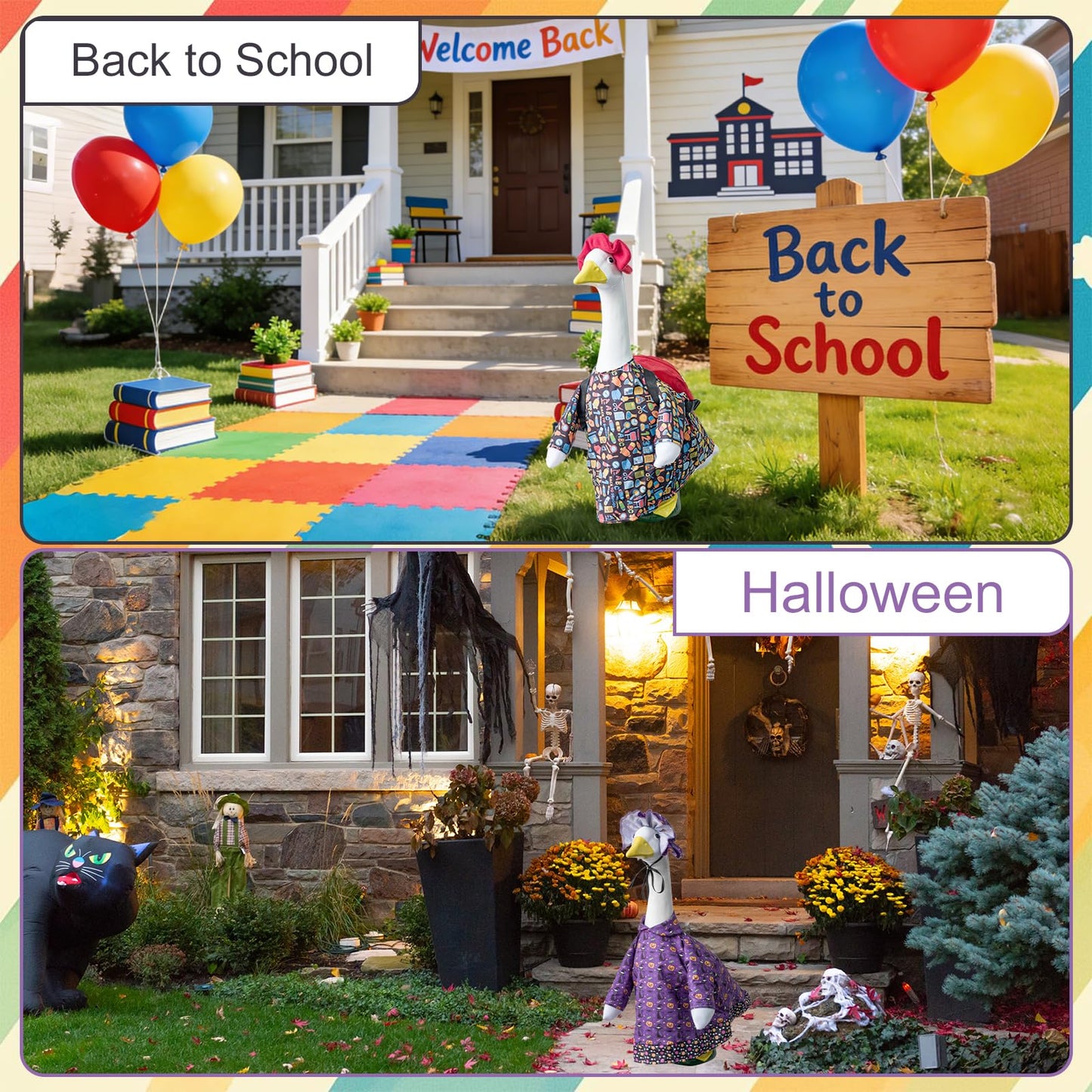 8 Set Porch Goose Outfits All Seasons Holiday Bundle, Valentine's Day, St. Patrick's, Easter, Independence, Back School, Halloween, Thanksgiving, Christmas Clothing for 23" Lawn Goose Patio Yard Deco
