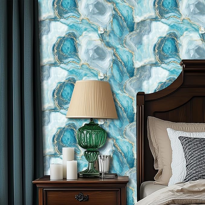 HOMETITUTE Teal Agate Marble Wallpaper Peel and Stick Blue Stone Pattern