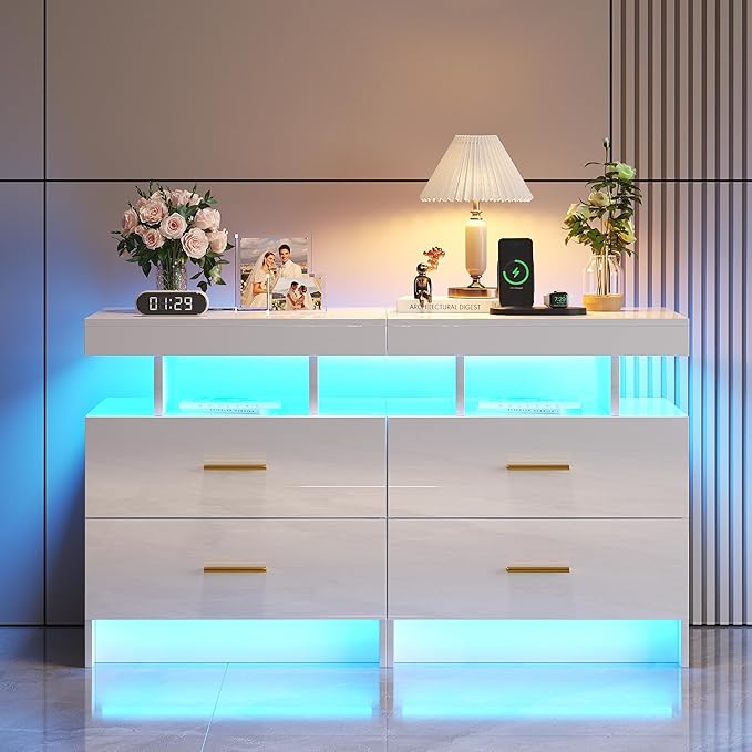 HNEBC Nightstand Set of 2 with Charging Station, Auto LED Night Stand with