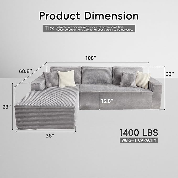Opiesit 108" Boneless Couches for Living Room, Modular Sectional Sofa