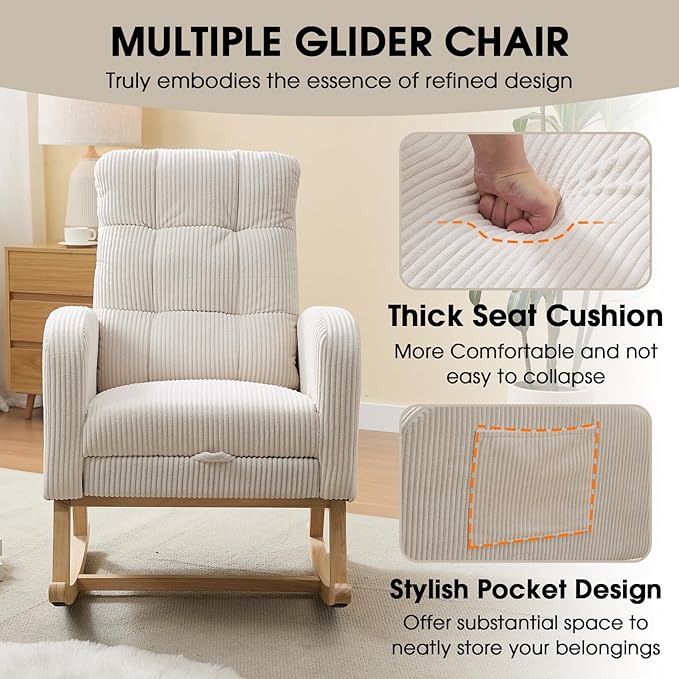 NIOIIKIT Nursery Rocking Chair, Corduroy Upholstered Rocking Chair