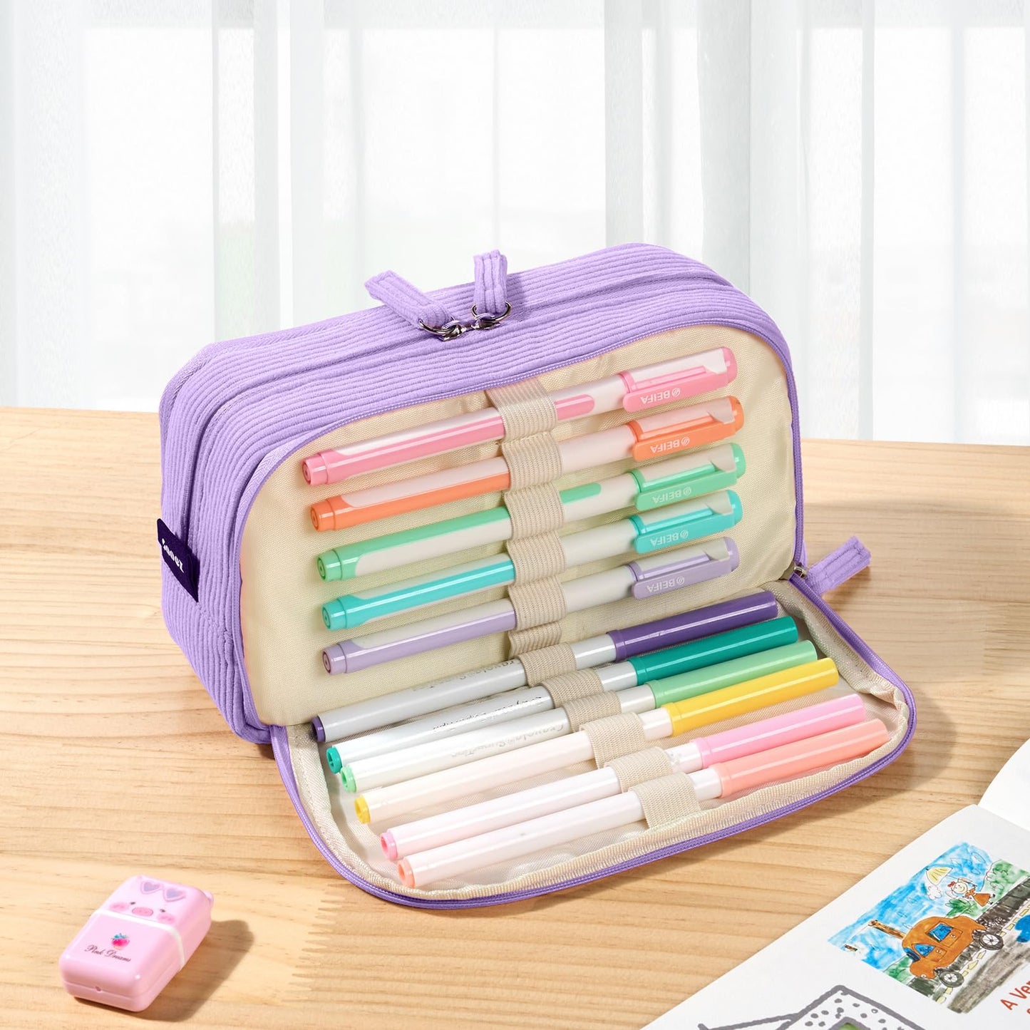 Sooez Big Capacity Pencil Case Pen Pouch, Soft Corduroy Pencil Bag with 3 Compartment, Multiple Pockets, Sturdy Zipper, Cute School Supplies Pen Bag Organizer For Teen Girls College, Purple