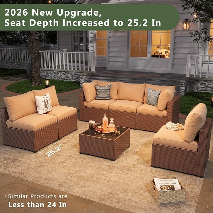Aoxun 7 Piece Patio Furniture Set, Wicker Patio Sectional Sofa, Outdoor