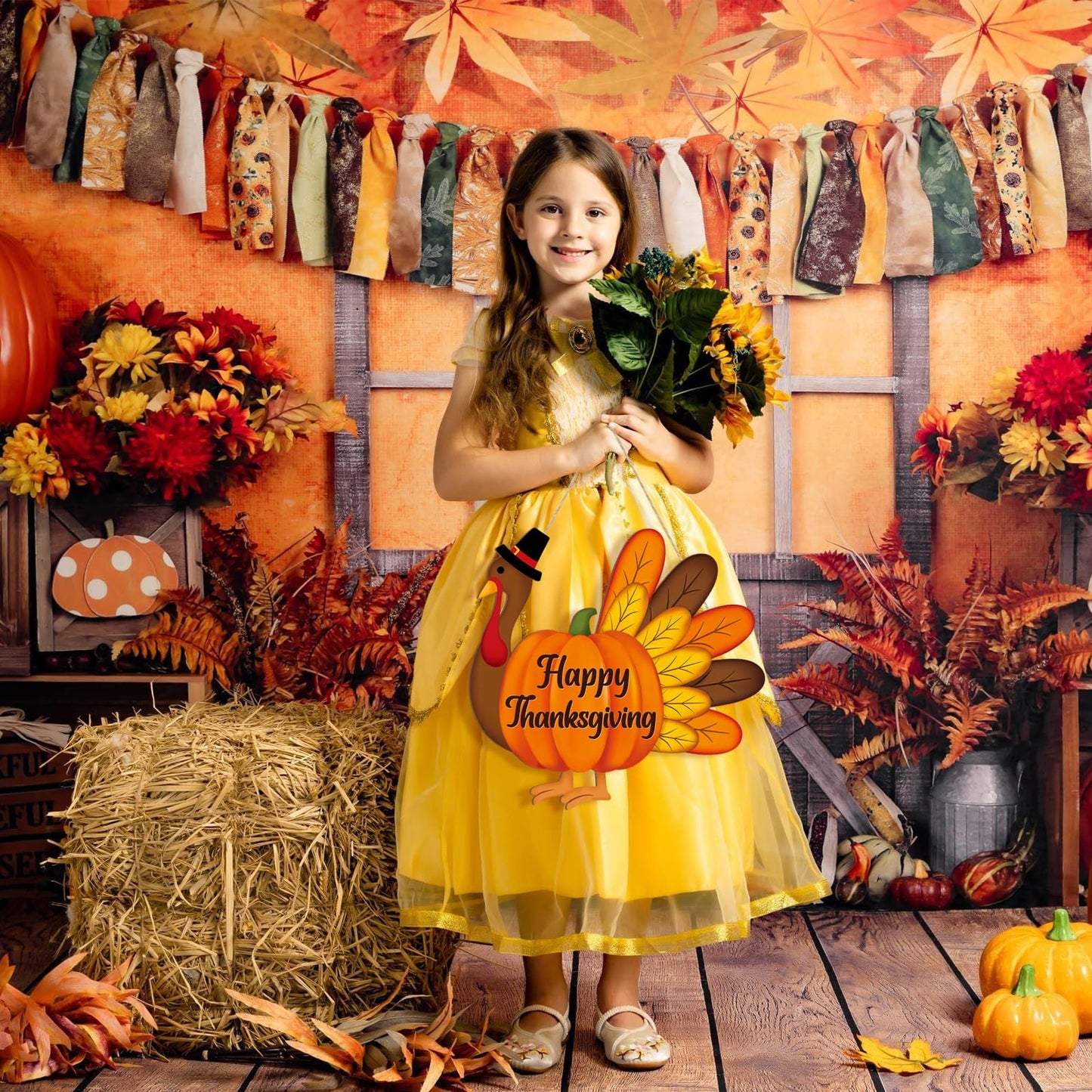 Thanksgiving Decoration Wooden Turkey Pumpkin Door Wreath for Front Door Sign Wall Signs, Thankful Blessed Grateful Pumpkin Sign Hanging for Fall Autumn Harvest Home Halloween Decoration