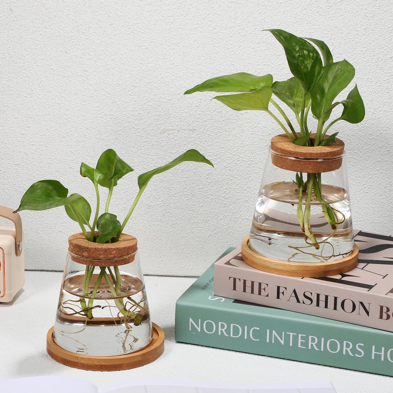 2pcs Glass Plant Propagation Station with Wooden Base Hydroponic Plants Vase for Indoor Decor Glass Terrarium Vase Jars Home Kitchen Decorations and Gifts for Planter Lovers