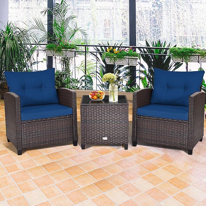HAPPYGRILL 3 Pieces Patio Conversation Set, Outdoor Furniture Set PE Rattan