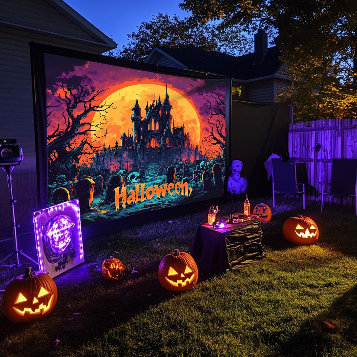 BSFHH Black Light Tapestry – UV Reactive Glow in the Dark Wall Hanging, Spooky Night Scene with Ghosts & Pumpkins, Haunting Home Decor for Parties, Bedroom, or Dorm (GHOST TOWN, 90L x 70W, Unframed)