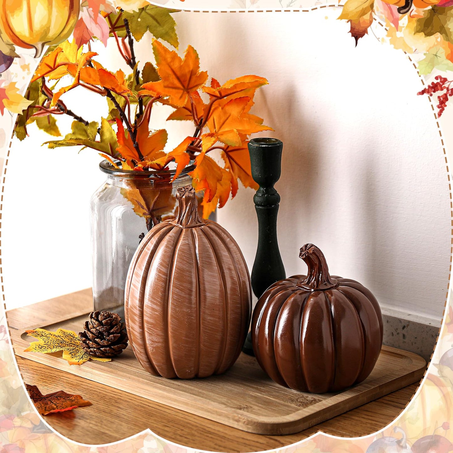 Vicenpal 2Pcs Fall Pumpkin Decor Set Artificial Resin Pumpkin Fall Artificial Fake Pumpkins Decor for Autumn Halloween Thanksgiving Tabletop Farmhouse Mantel Decoration (Shiny Brown,Fashionable Style)