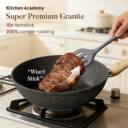 Kitchen Academy Induction Cookware Sets - 12 Piece Gray Cooking Pan Set, Granite Nonstick Pots and Pans Set