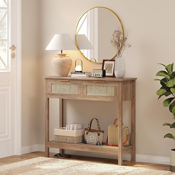 Trironsun Farmhouse Rattan Console Table