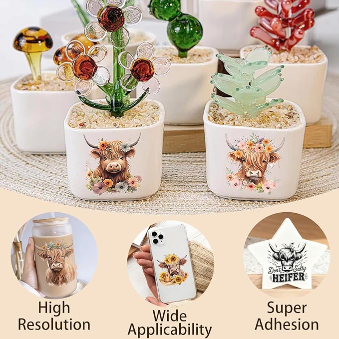 4 Sheets Rub on Transfers for Crafts, Highland Cattle Furniture Transfers for