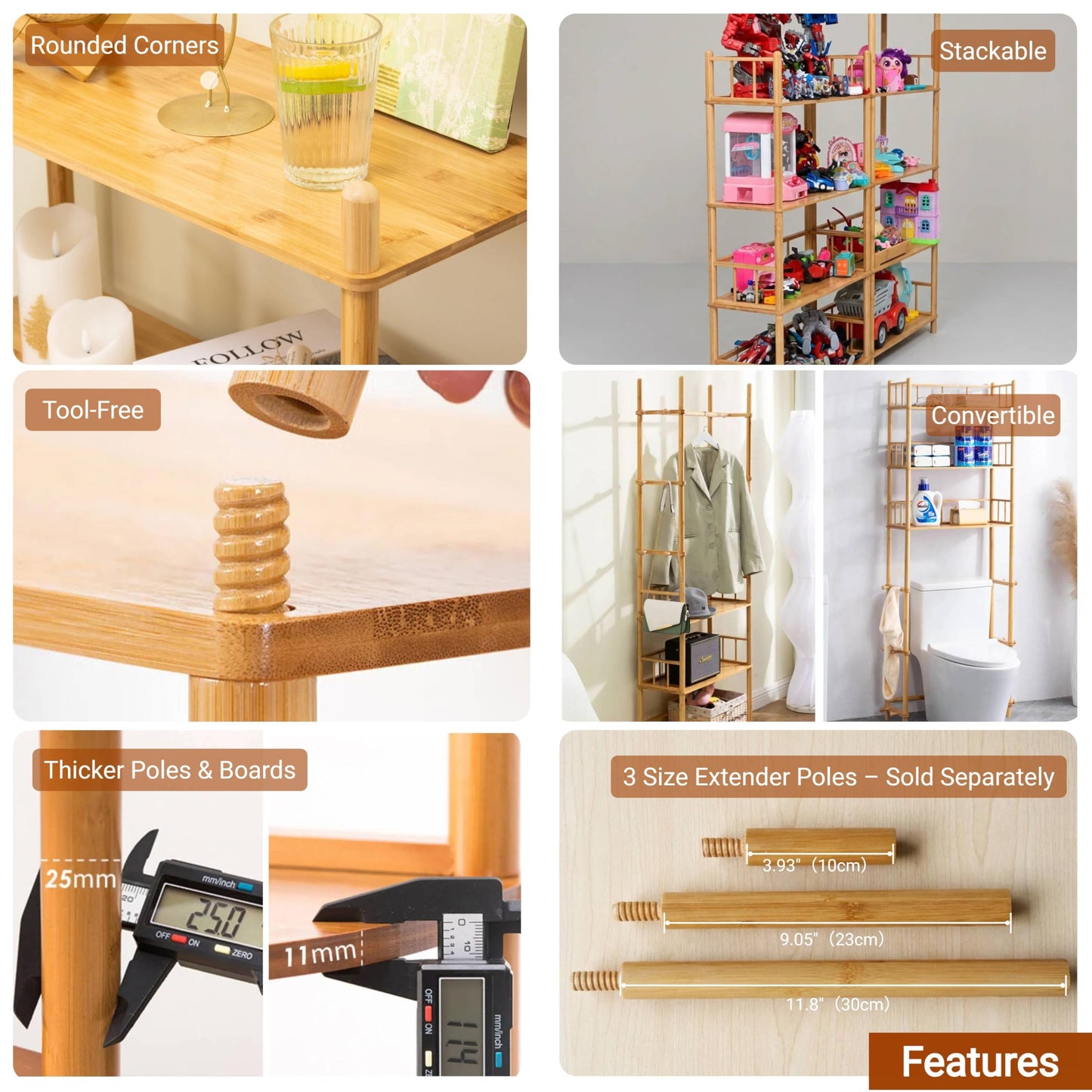 WooFawn 4-Tier Expandable Freestanding Open Bamboo Book Shelf - No-Tool Assembly & Modular,Bathroom Storage Shelf Unit Plant Stand for Small Space, Bedroom, Living Room, Home Office (Natural, 4-Tier)