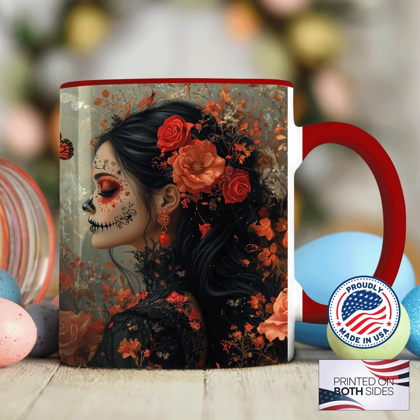 ANOVRA Day of the Dead Lady Mug, Dia de los Muertos Coffee Mug with Orange Rose Face Paint, Gothic Mexican Art Ceramic Cup, Gift for Halloween, Her, Friends, Celebration, 11oz