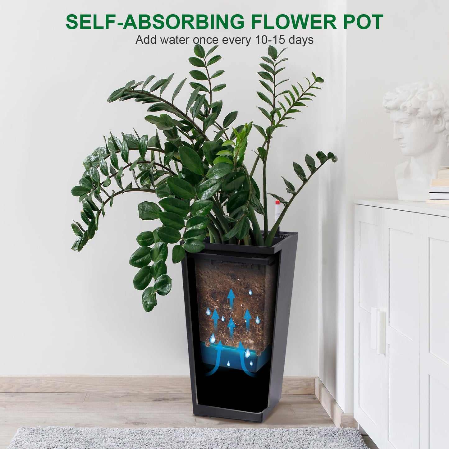 Black Planters Outdoor Set of 2, 22 Inch Tall Plastic Planter with Drainage Holes & Water Level Monitor & Inner Bucket, Indoor & Outdoor Large Planters for Front Porch, Patio, Balcony, Living Room