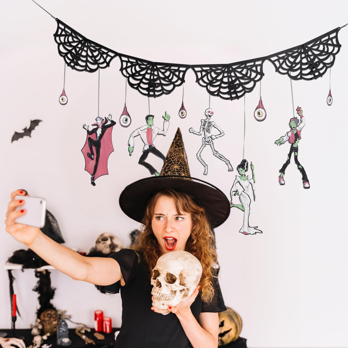 Cheerland Halloween Garland Skeleton Garland Spooky Banner Spider Web Halloween Banner Gothic Party Decorations Hanging Skeleton Monster Bash Birthday Skull Garland Monster Party Decorations