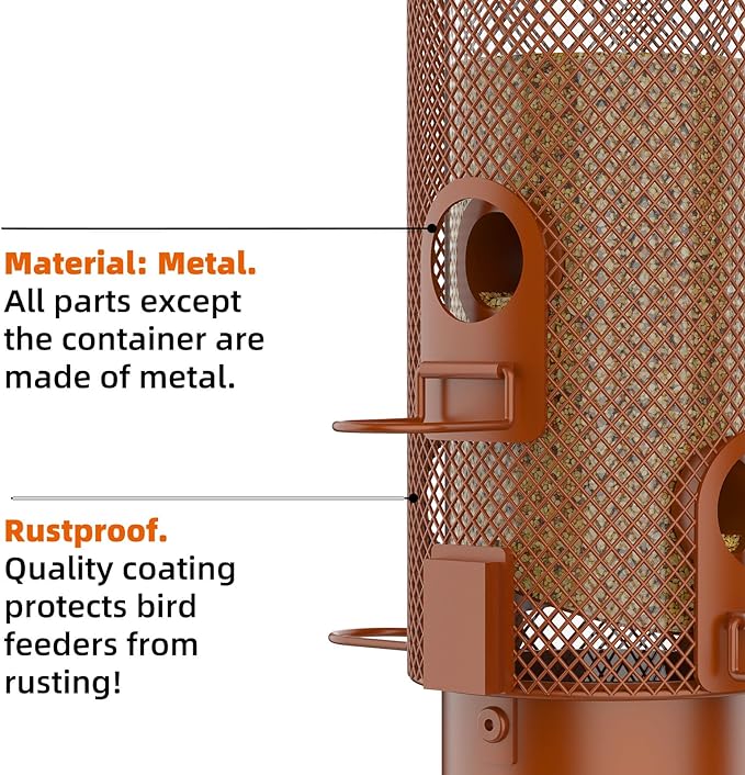 Metal Squirrel Proof Bird Feeder,Bird Feeders for Outdoors,Weight Activated Squirrel Proof Wild Bird Feeders with Finch Cardinal Chickadee,Large Capacity,Weatherproof and Durable,Reddish Brown
