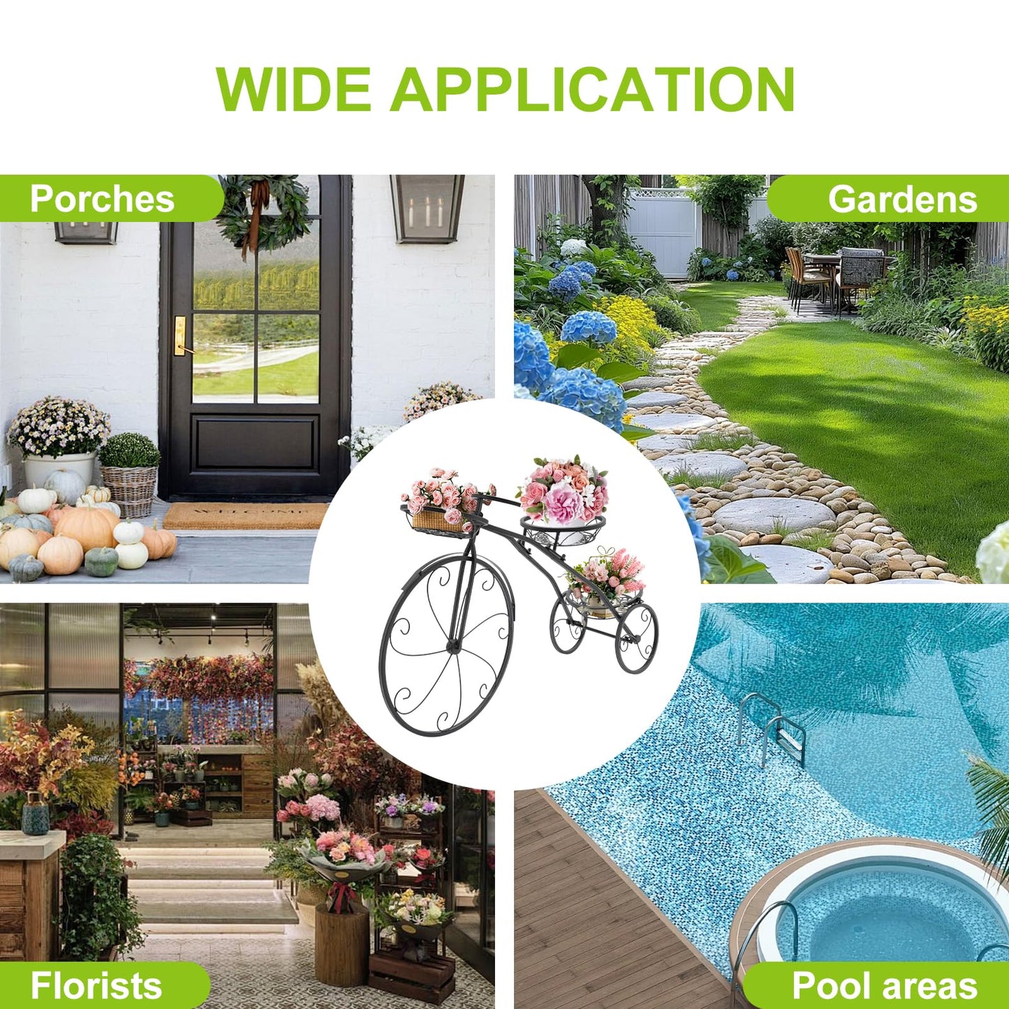 CCXYYFDJ Tricycle Plant Stand, Metal Bicycle Planter with 3 Plant Baskets, 66Lbs Capacity Detachable Bike Flower Pot Cart Holder for Patio Deck Garden Lawn Decorative