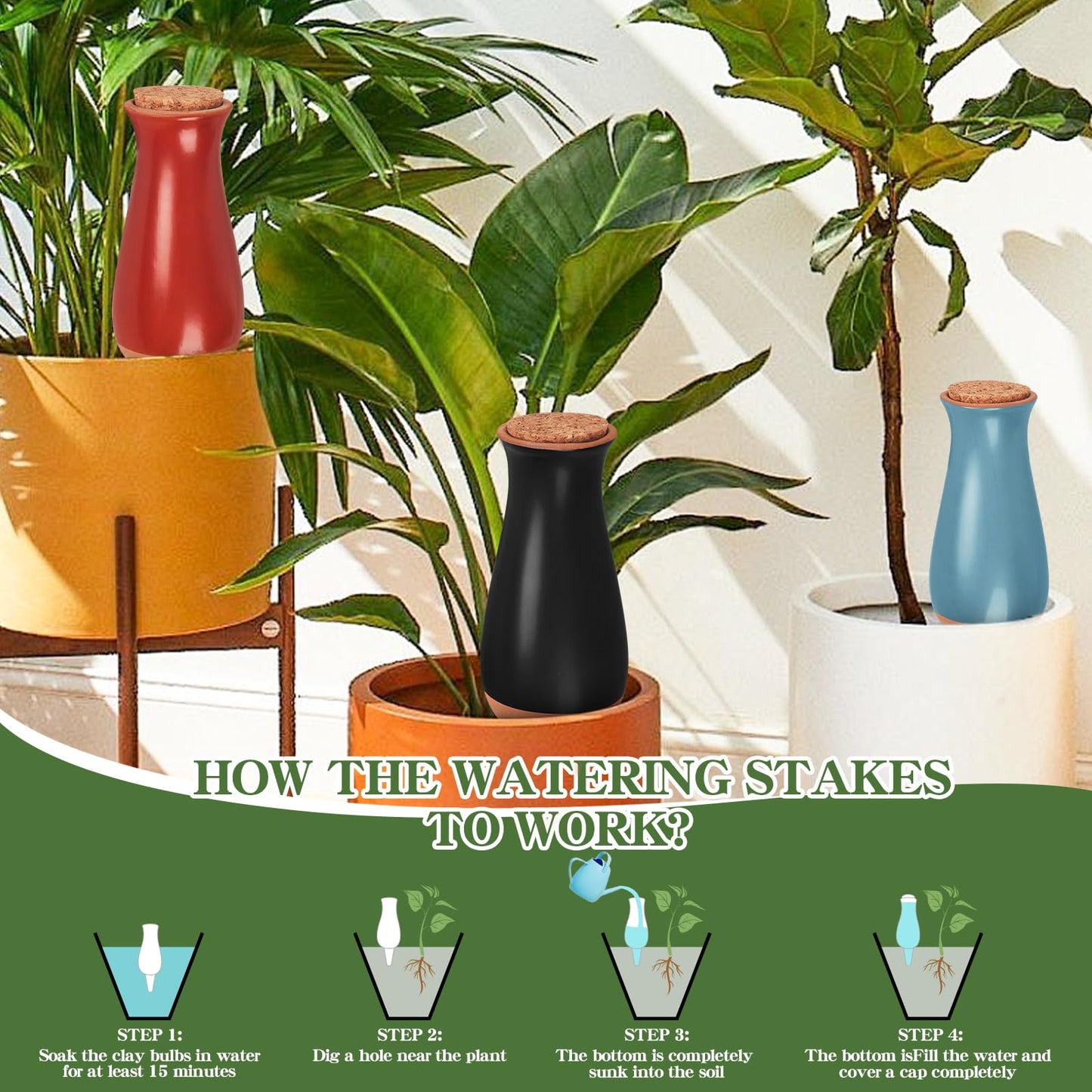 4 Pack Terracotta Plant Watering Globes, 12Oz Ollas Self Watering Pots for Indoor Outdoor Plants, Automatic Plant Drip Irrigation Device, Clay Planter Insert, Up to 1 Week, for Vacations Potted Plant
