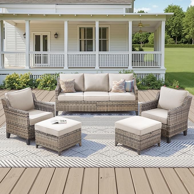 5 Pieces Outdoor Furniture-High Back Outdoor Wicker Couch Patio Chairs Set of 2