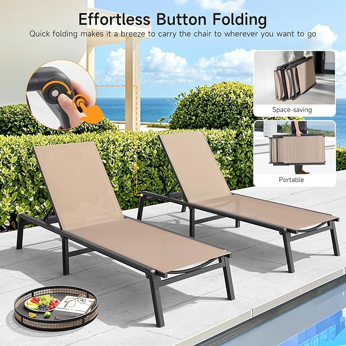 ONBRILL Aluminum Chaise Lounge Chair Outdoor, Foldable & Assembly Free Outdoor