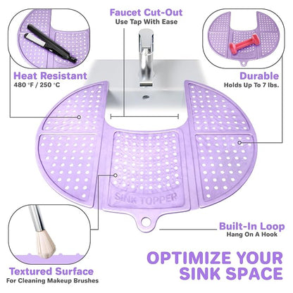 Sink Topper Bathroom Counter Cover & Storage Saver, Foldable Silicone Mat for Hot Tools, Hair Styling & Makeup, Beauty Brush Cleaning Mat, RV Camper Sink Cover & for Small Spaces (Standard Lavender)