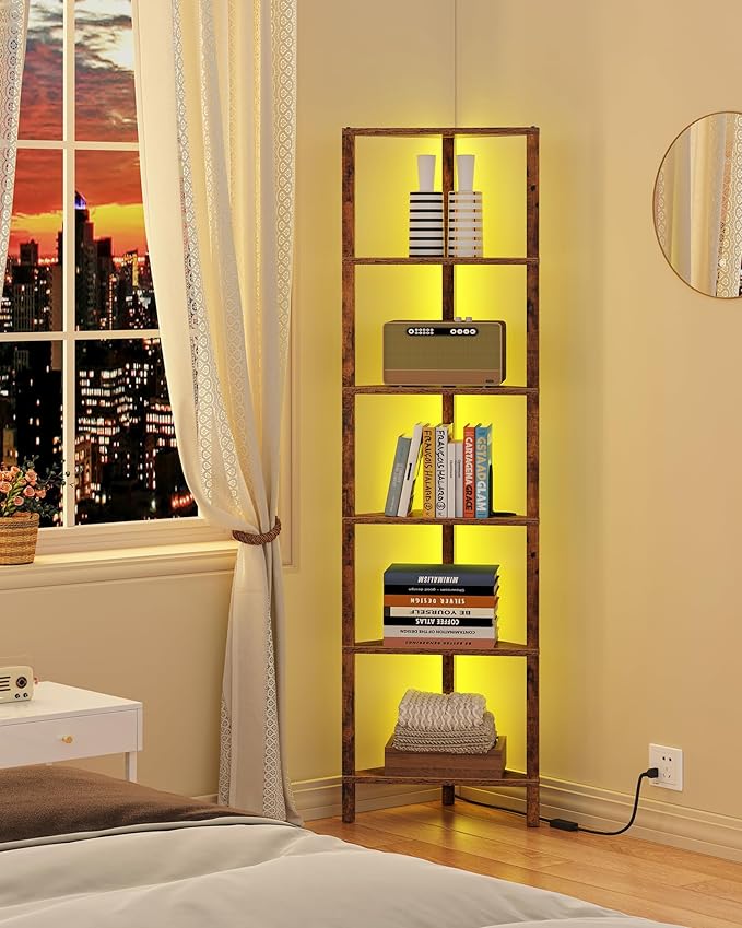 TUTOTAK Corner Shelf with LED Light, 6-Tier Corner Bookshelf