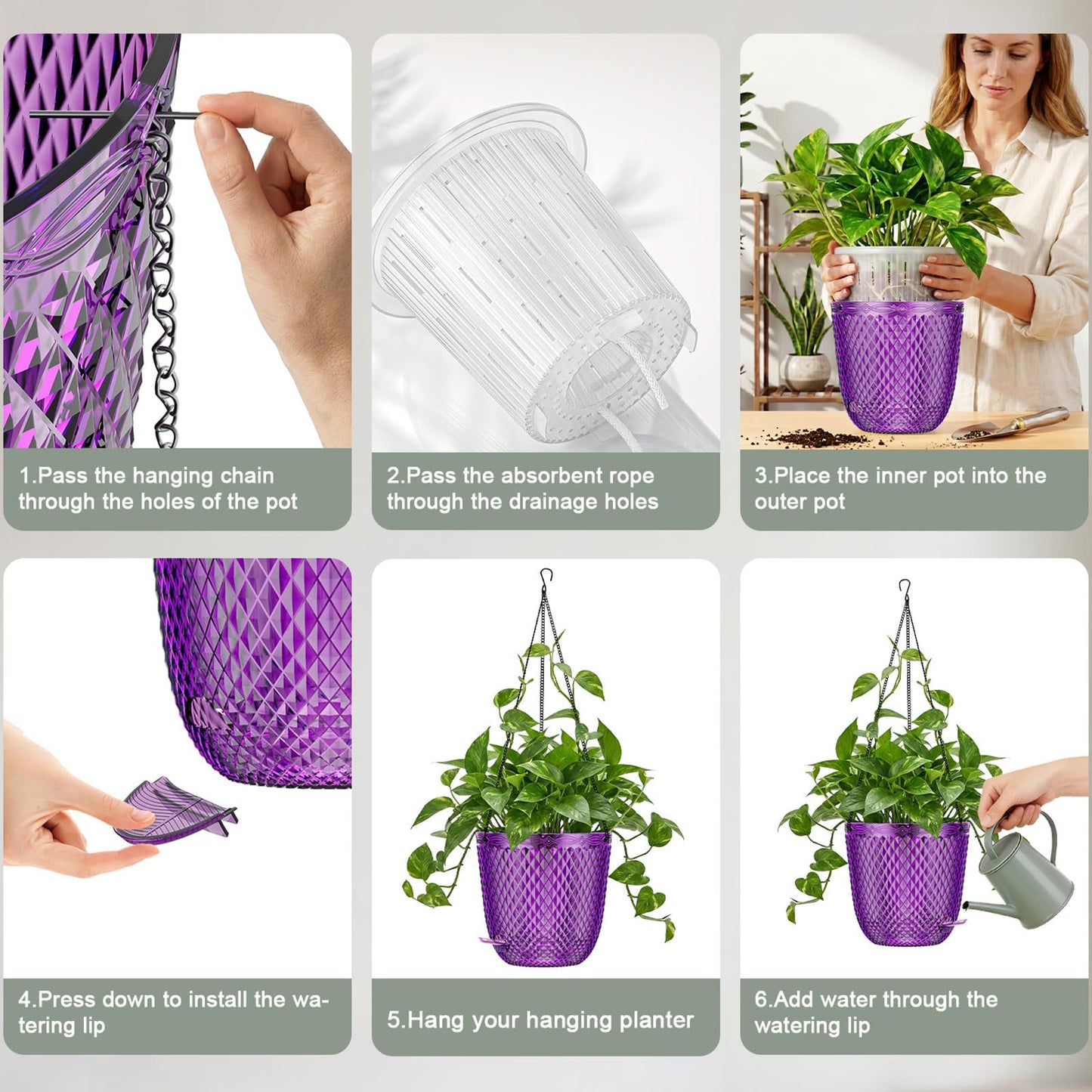 QCQHDU Hanging Planters for Indoor Plants, 2-Pack 7.2 Inch Self Watering Hanging Pots, Plastic Plant Hanger with Drainage Holes and 3 Hooks Chains for Garden Home (Purple)